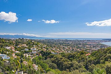 Scenic panoramic view of a coastal town nestled in lush green hills under a bright blue sky.