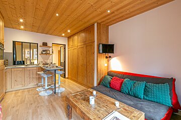 A modern, cozy open-plan living area and kitchenette with warm wood accents, a bar, sofa with colorful cushions, rustic coffee table, and wall-mounted TV.