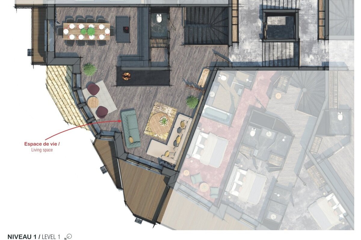 Overhead architectural floor plan of Level 1, showing a modern living/dining area, with a faded overlay of other rooms, rendered with hand-drawn elements.