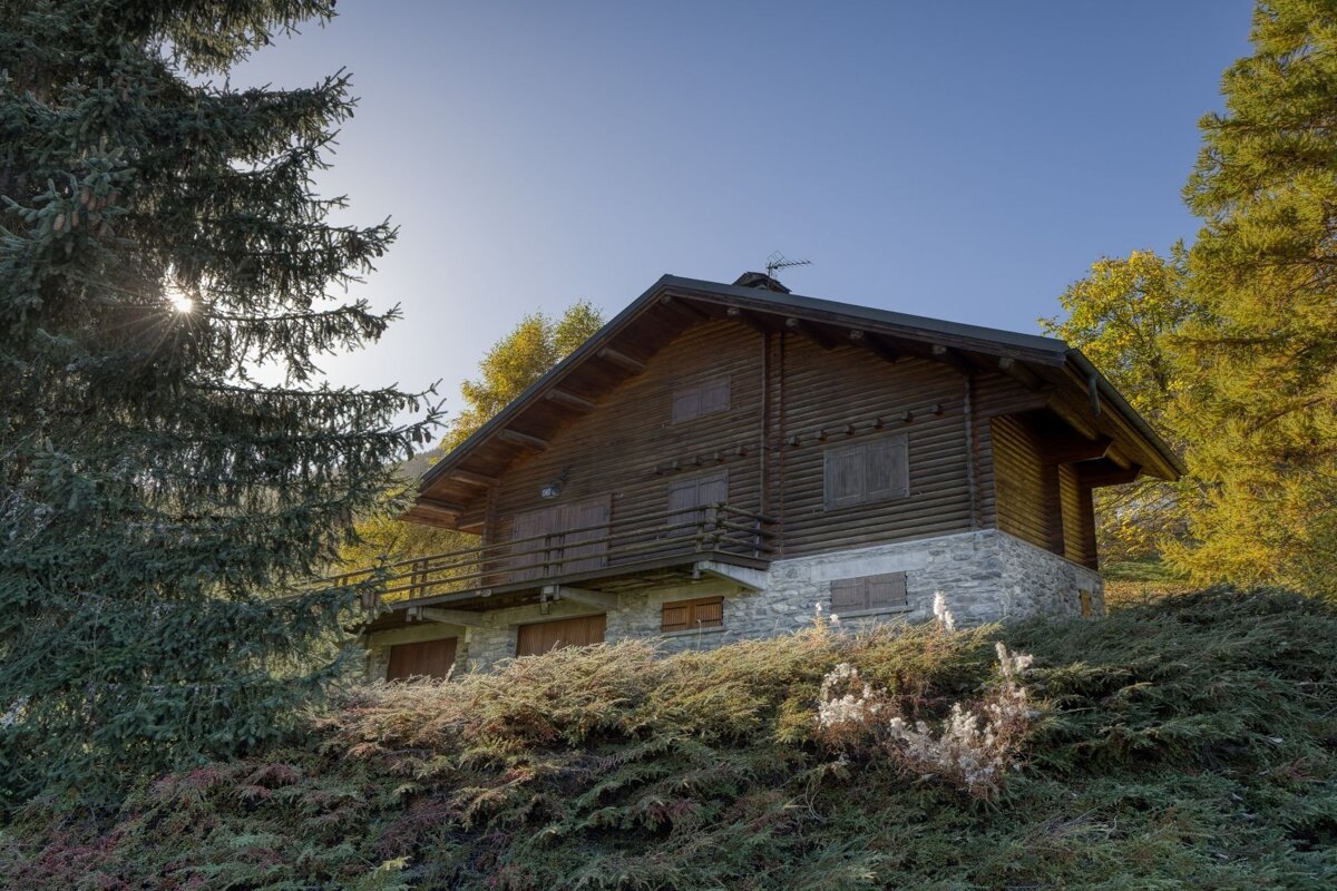 A log and stone cabin sits on a sunny hillside amidst evergreen trees and bushes, with sunbeams cutting through the foliage.