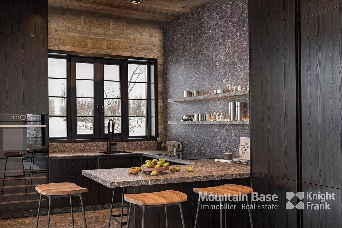 Sleek, dark modern kitchen with stone countertops, open shelving, and a large window framing a snowy scene. Wooden accents add warmth.