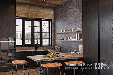 Sleek, dark modern kitchen with stone countertops, open shelving, and a large window framing a snowy scene. Wooden accents add warmth.