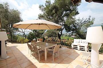 A patio with a table and chairs under an umbrella