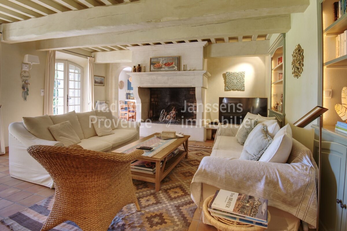 A living room with a fireplace and a book titled provence immobilier