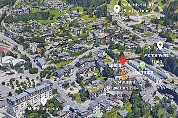 An aerial view of a city with the words planards ski lift and attractions