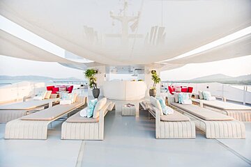 A large white yacht with lots of furniture and a bar