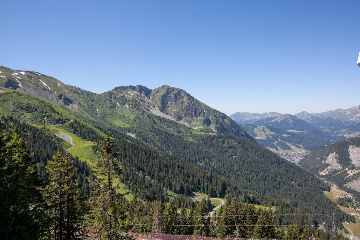 Panoramic view of lush green mountains, dense forests, and a distant village under a clear blue sky. Snowy patches dot the peaks.