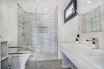 A bathroom with a toilet a sink and a walk in shower