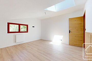 An angled 3D floor plan of an apartment, showing labeled rooms like 