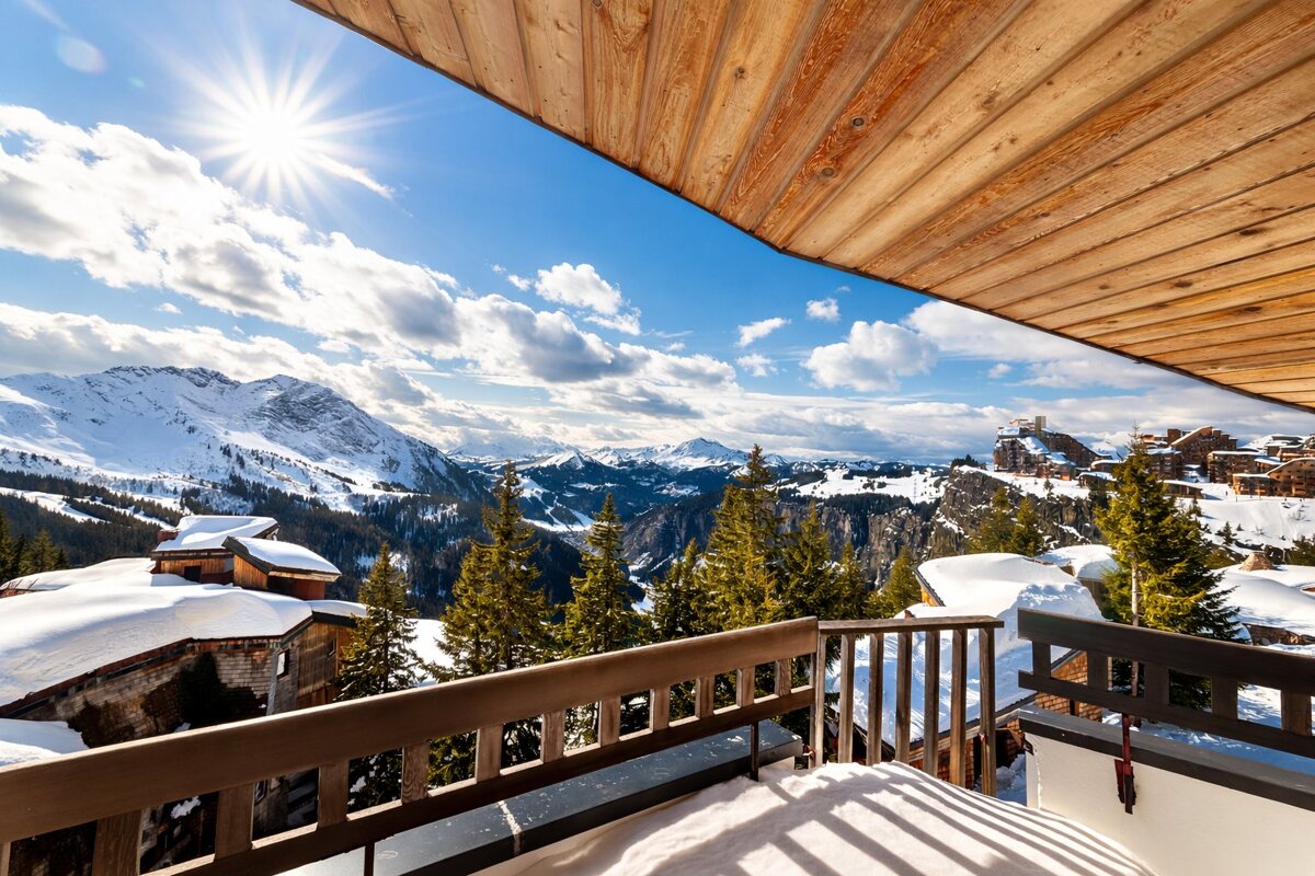 Snow-covered mountains and chalets seen from a sunny wooden balcony.