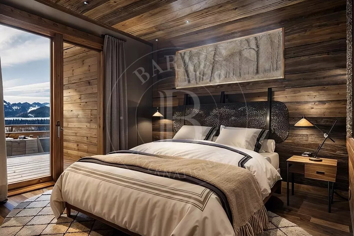 A luxurious chalet-style bedroom with a comfy bed, wooden walls, and a large window opening to a snowy mountain landscape and outdoor deck.