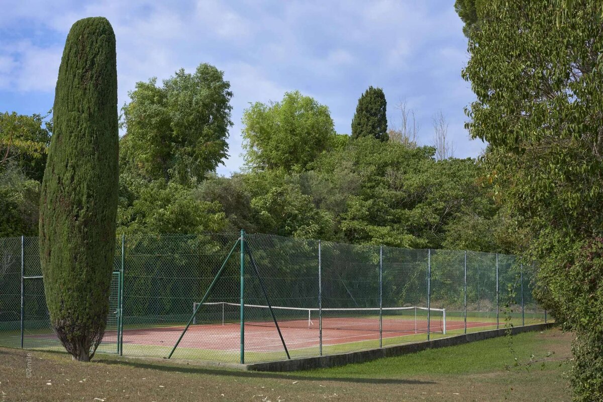 A tennis court is surrounded by trees and a fence