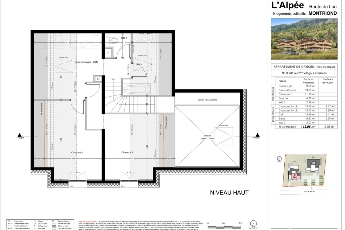 Floor plan of the upper level of apartment B.201 'L'Alpée' in Montriond, with bedrooms, bath, WC, and a surface area table.