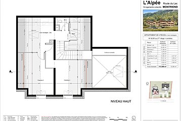 Upper level floor plan of a 4-room apartment (B.201) in Montriond's L'Alpée, detailing rooms like bedrooms and bathrooms, with a surface area table.