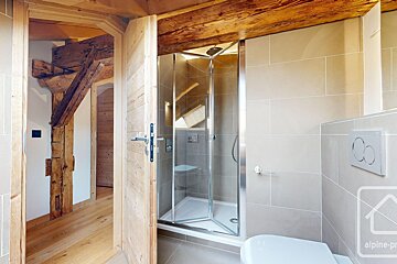 A modern bathroom with a glass shower and toilet, connected to a rustic hallway featuring prominent wooden beams and flooring.