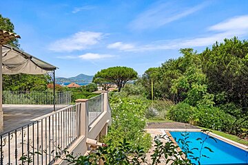 A stunning terrace view with a bright blue sky, distant sea, lush green trees, and a sparkling swimming pool below.