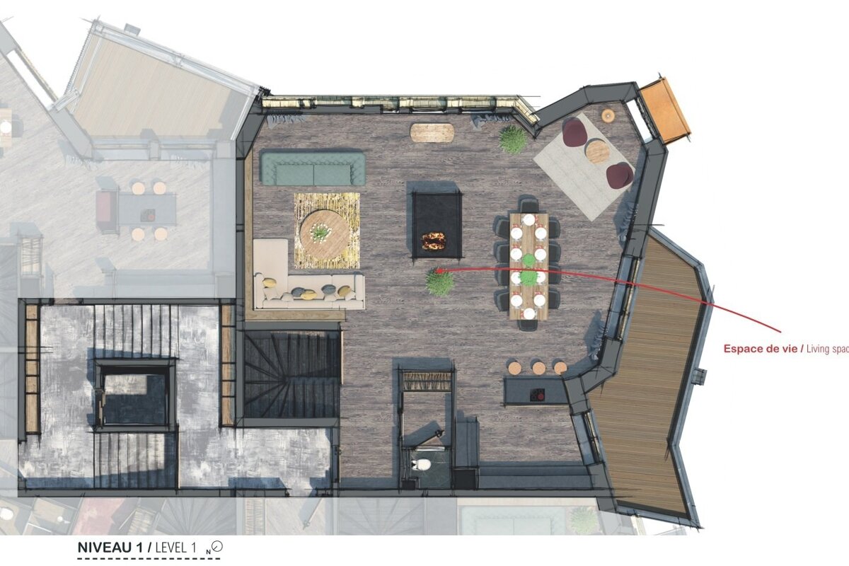 An architectural floor plan of Level 1, featuring a furnished living and dining area with a fireplace, stairs, and adjacent outdoor terraces.