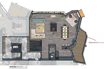 A floor plan of a house with a red arrow pointing to the espace de vie / living space