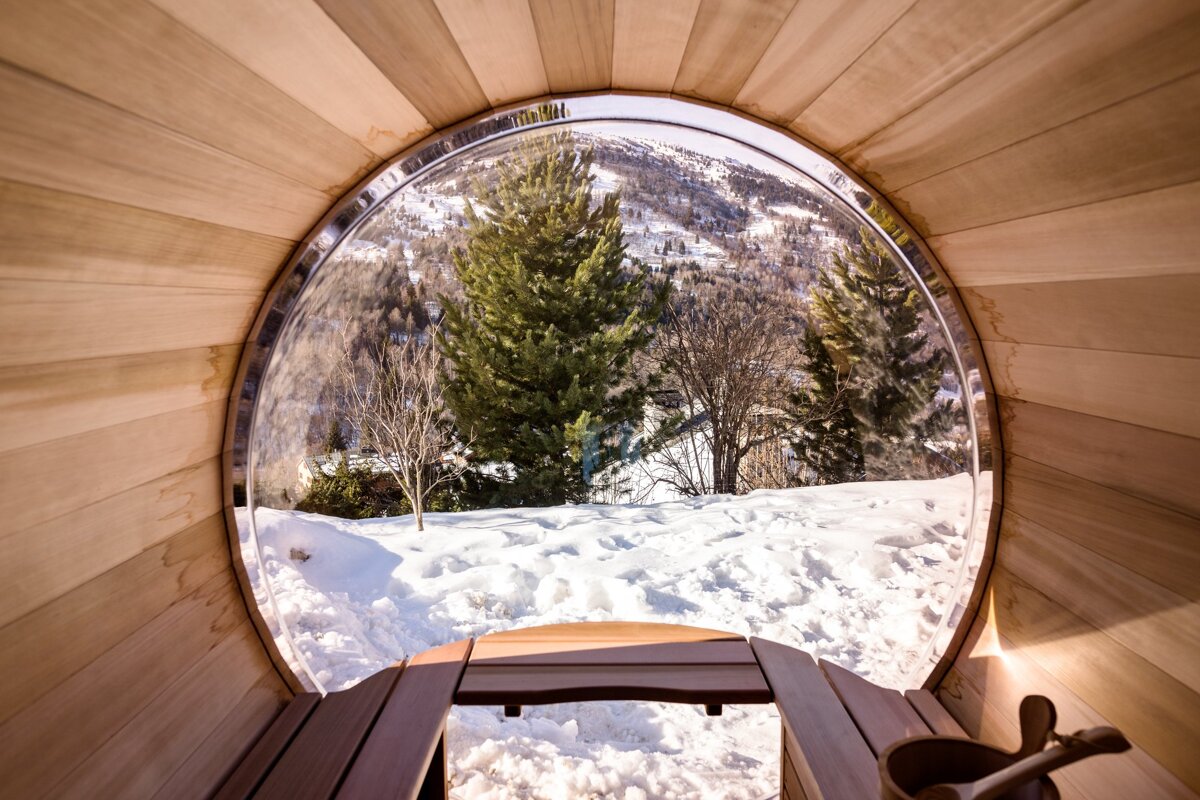 A view of a snowy forest from inside a sauna