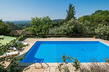 A large swimming pool surrounded by trees and a green umbrella