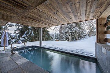 A large swimming pool surrounded by snow and trees