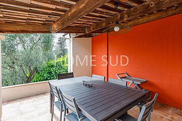 A patio with a table and chairs and a sign that says home sud