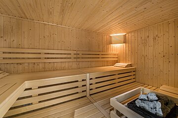 A wooden sauna with a heater in the corner