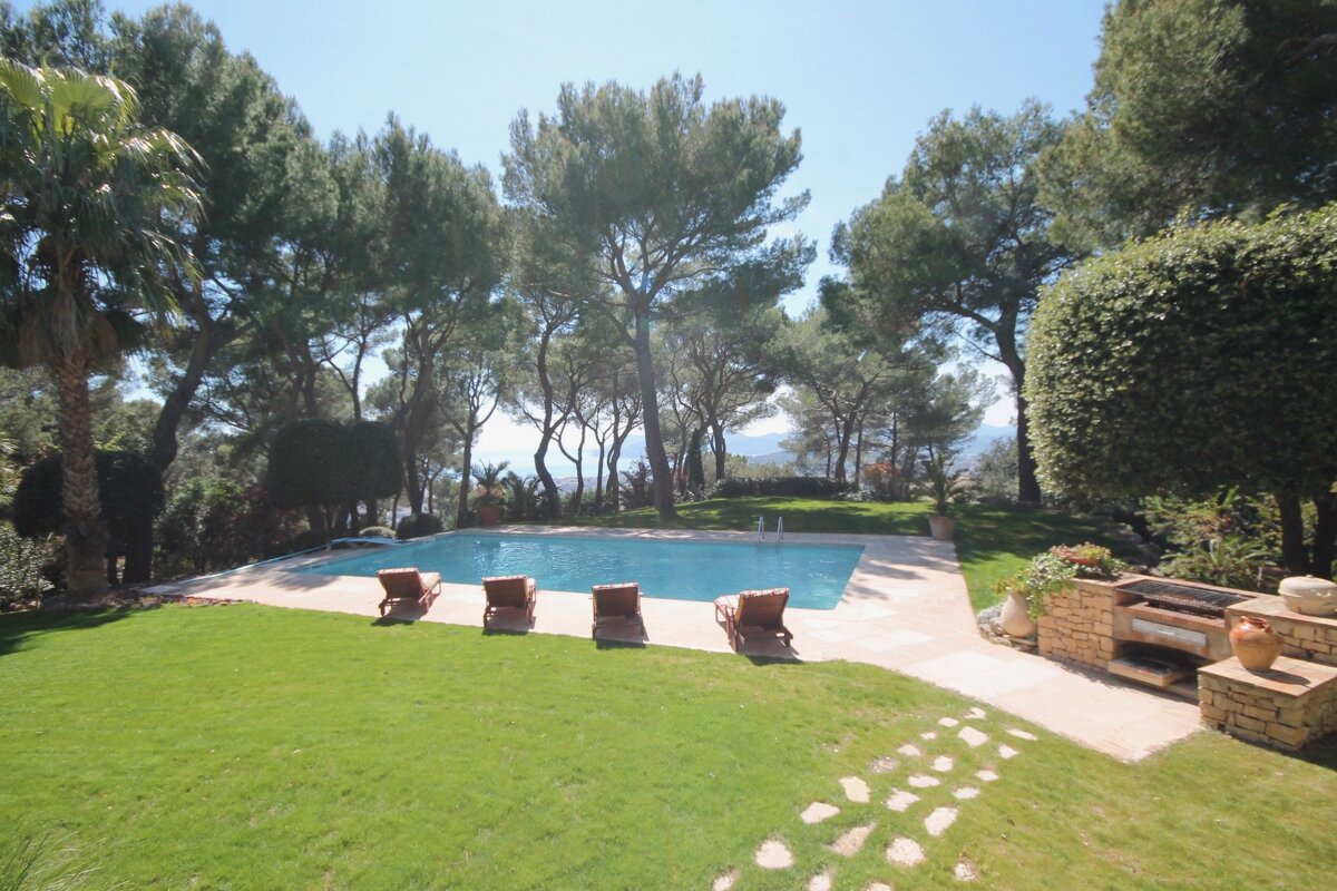 A large swimming pool surrounded by chairs and trees
