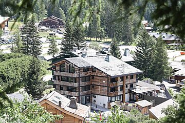 A large modern wooden chalet with a grey roof stands among numerous pine trees and other buildings in a sunny, forested mountain village.