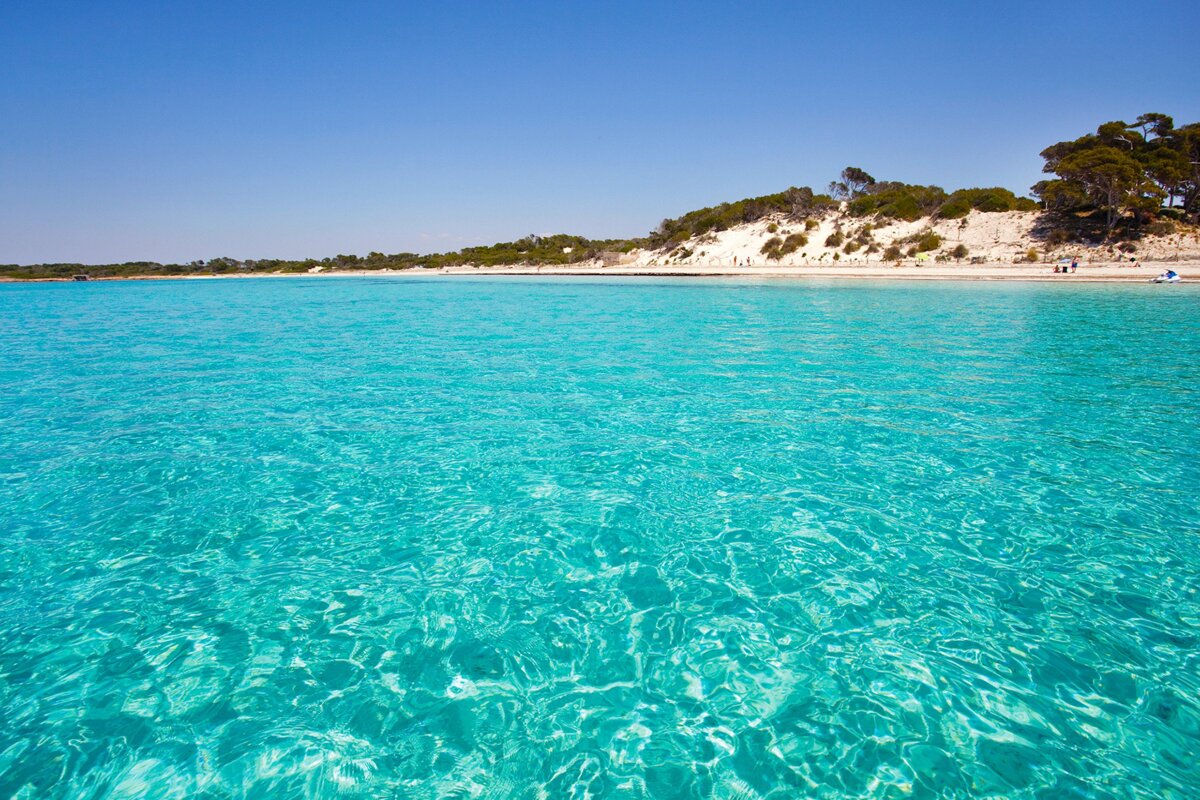 A large body of water with a sandy beach in the background