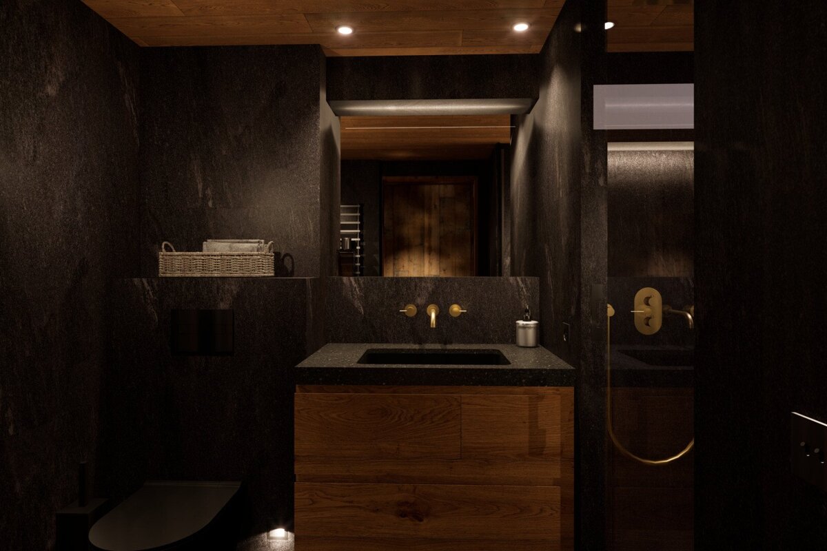 A bathroom with black walls and wooden cabinets
