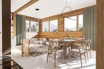 A bright, modern chalet interior with a wooden dining set, a cozy living area, large windows, and warm natural light.