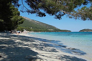 A sandy beach with a mountain in the background