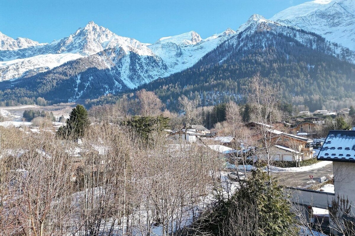 Snow-capped mountains tower over an alpine village with winter trees under a bright blue sky.