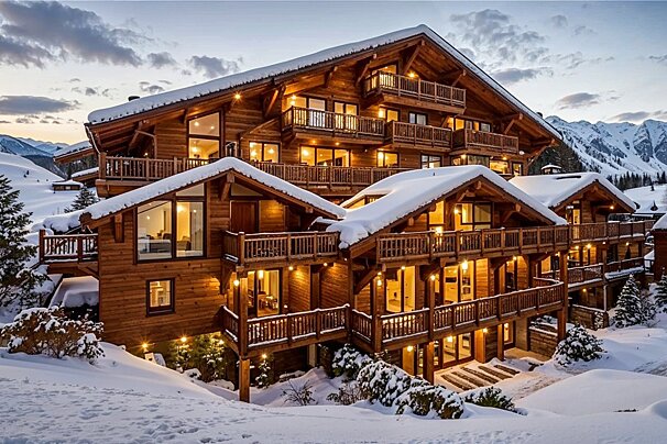 A luxurious wooden ski chalet blanketed in snow, glowing warmly against a snowy mountain landscape at dusk.