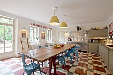 A kitchen with a sign that says boucherie charcuterie
