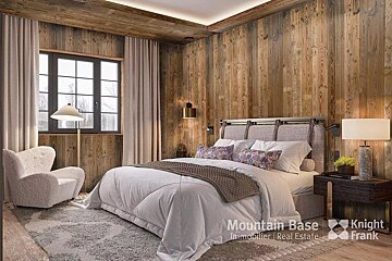 A rustic yet modern bedroom with warm wood paneling on walls and ceiling, featuring a large bed, cozy armchair, and a window.
