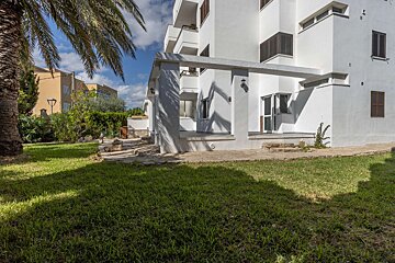 A white multi-story building with a covered patio and balconies, bordered by a green lawn and a large palm tree under a blue sky.
