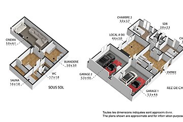 3D floor plan layout showing a basement with a cinema and a ground floor featuring two garages and bedrooms.