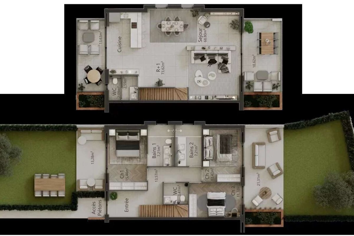 Two-story house floor plans: Ground floor with entrance, 3 bedrooms, 3 baths & gardens. Upper floor has kitchen, living room, WC & terraces.