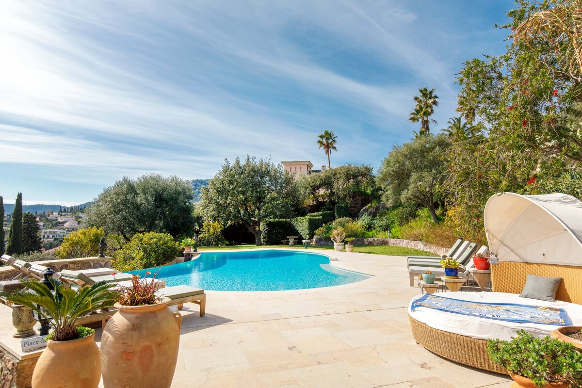A large swimming pool is surrounded by chairs and plants