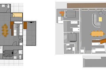 A living room with a flat screen tv and ottomans