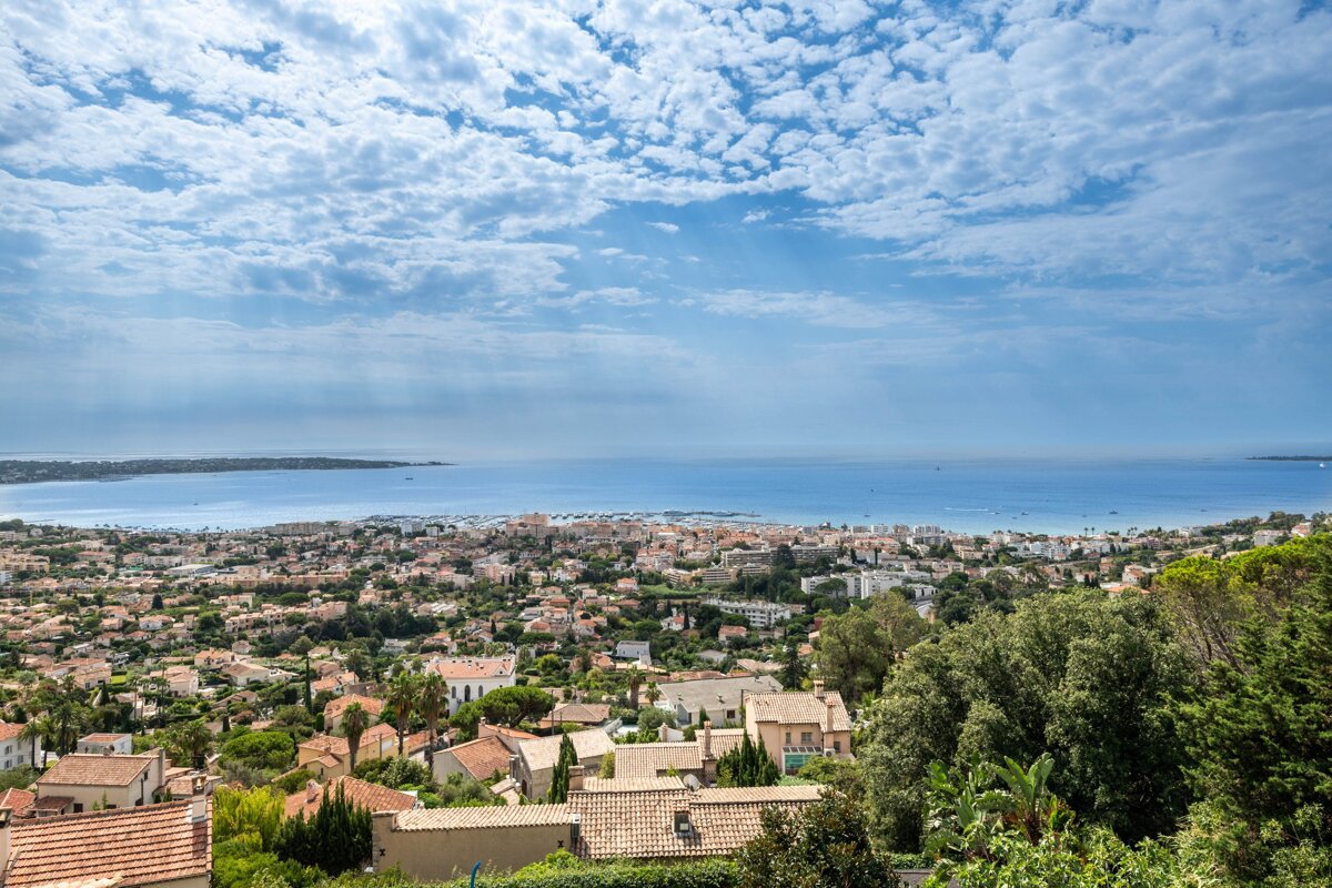 An aerial view of a city with the ocean in the background