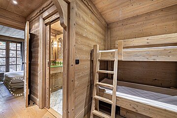 A bunk bed with a ladder in a wooden room