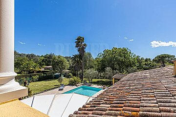 A view of a swimming pool from the roof of a house