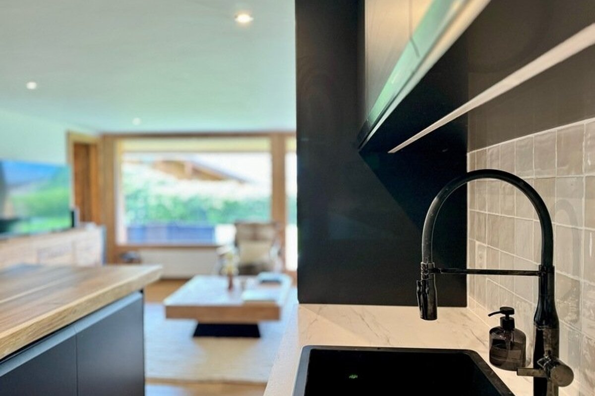 Modern kitchen sink with a sleek black faucet, with a blurred view of a bright living room in the background.