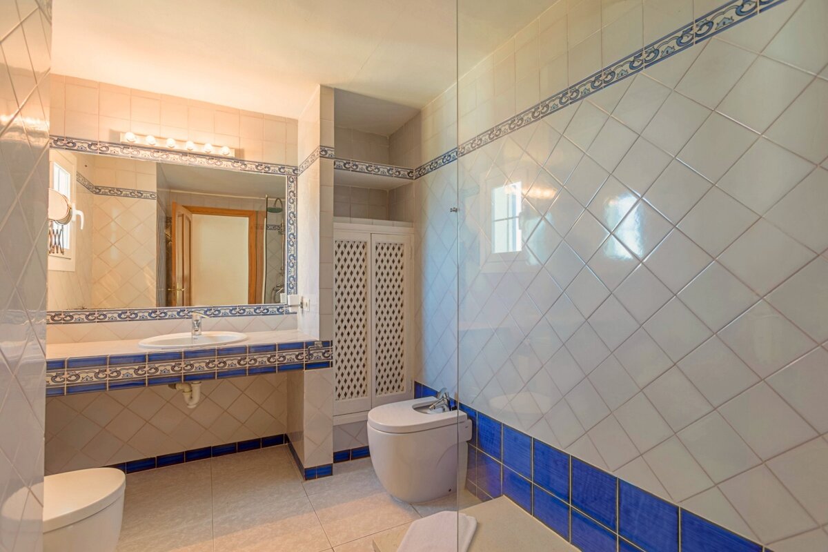 A bathroom with blue and white tiles and a toilet