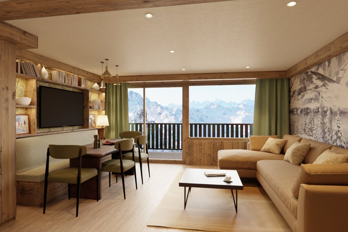 A modern rustic living and dining room with stunning snowy mountain views through large windows, featuring wooden beams, a cozy sofa, and built-in shelving.