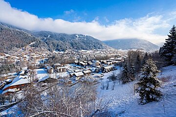 A snow-covered village nestled in a mountain valley, with forested slopes under a clear blue sky.