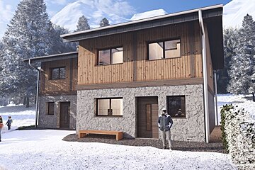A modern stone and wood chalet in a snowy mountain landscape, with frosted trees and distant peaks. People are visible outside.